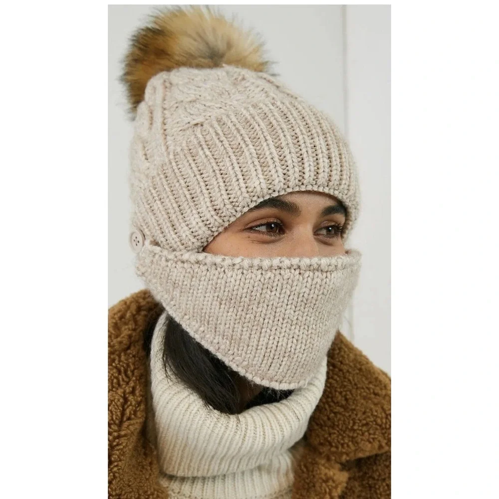 Anthropologie Norah Beanie + Reusable‎ Face Mask Set Beige
